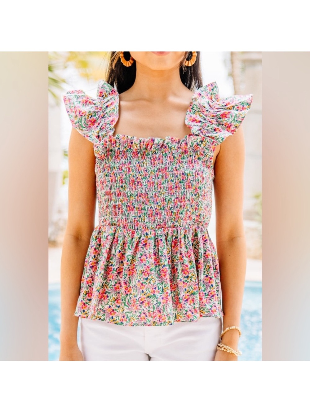 Umgee Turn to You Pink Ditsy Multi Floral Smocked Ruffle-Cami Top Small